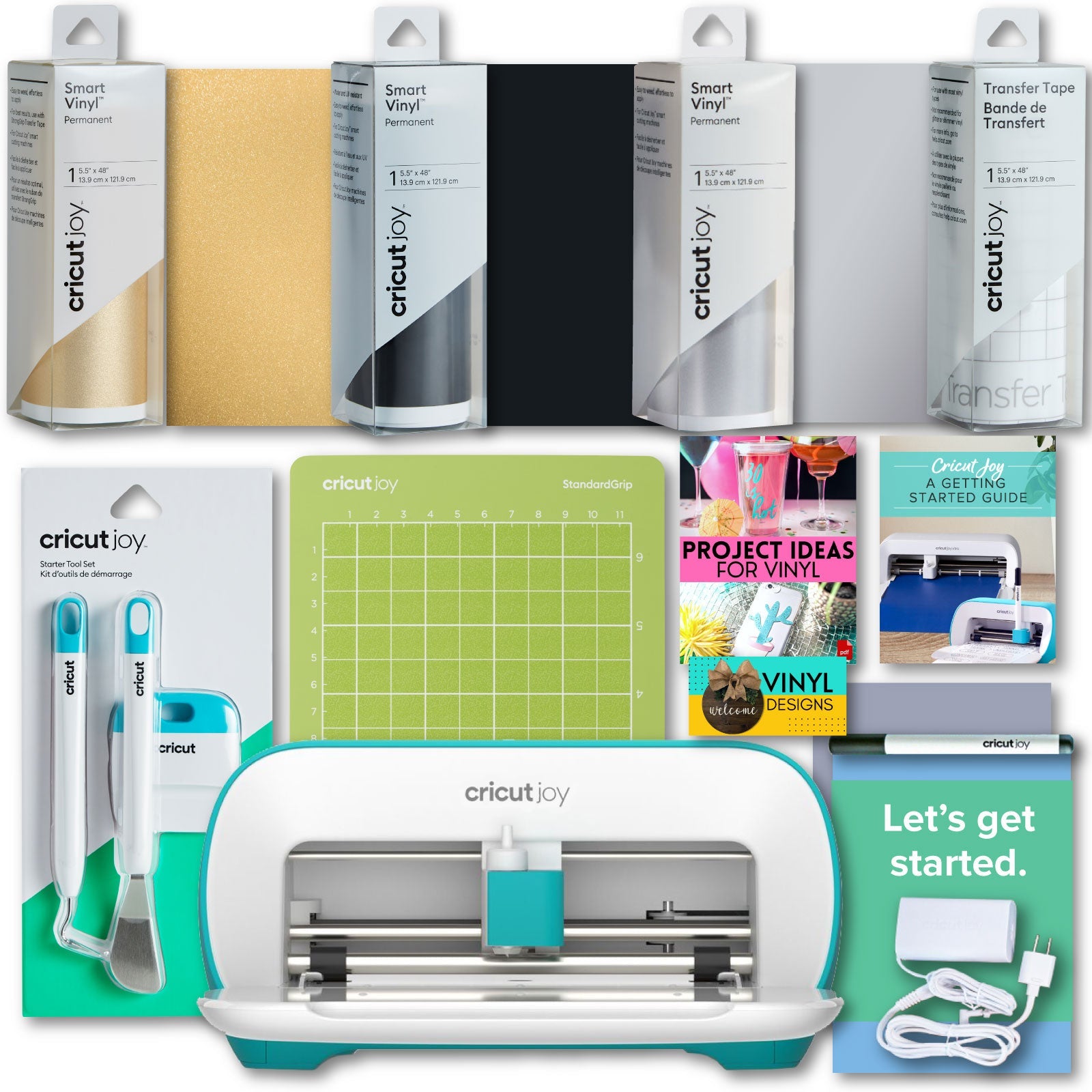 Cricut Joy Machine with Smart Vinyl Rolls, Standard Grip Cutting Mat and Joy Tool Set Bundle